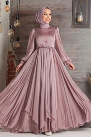 Tesettürlü Abiye Elbise - Robe de soirée Hijab rose poudré 21910PD - 1