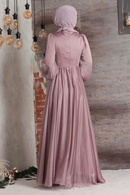 Tesettürlü Abiye Elbise - Robe de soirée Hijab rose poudré 21910PD - 2