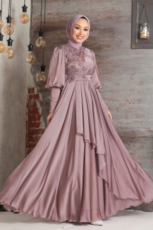 Tesettürlü Abiye Elbise - Robe de soirée Hijab rose poudré 21930PD - 1