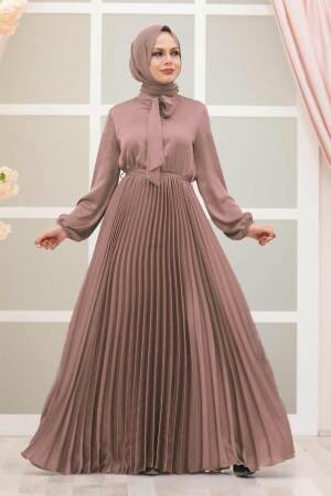 Tesettürlü Abiye Elbise - Robe de Soirée Hijab Rose Poudré 3031PD - 1