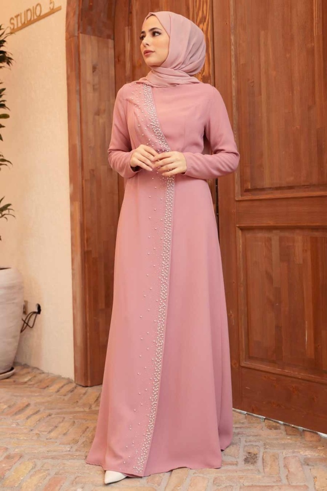 Tesettürlü Abiye Elbise - Robe de soirée Hijab rose poudré 32150PD - 1