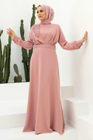 Tesettürlü Abiye Elbise - Robe de soirée Hijab rose poudré 3305PD - 1