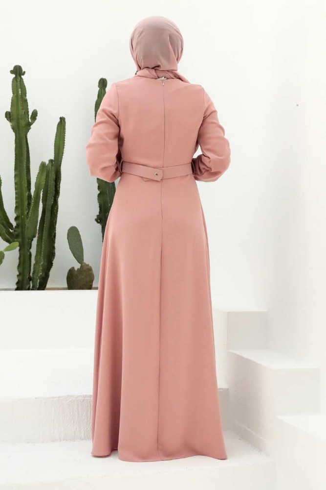 Tesettürlü Abiye Elbise - Robe de soirée Hijab rose poudré 3305PD - 2