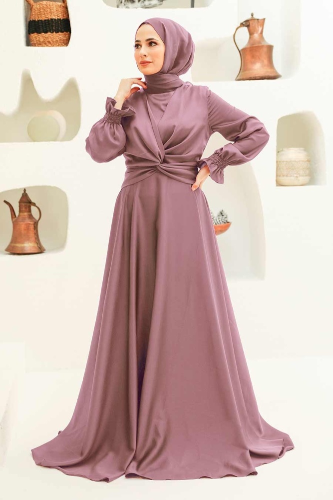 Tesettürlü Abiye Elbise - Robe de Soirée Hijab Rose Poudré 3389GK - 1