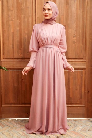 Tesettürlü Abiye Elbise - Robe de soirée Hijab rose poudré 5367PD - 1