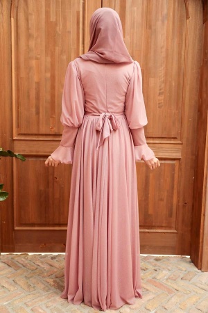 Tesettürlü Abiye Elbise - Robe de soirée Hijab rose poudré 5367PD - 2