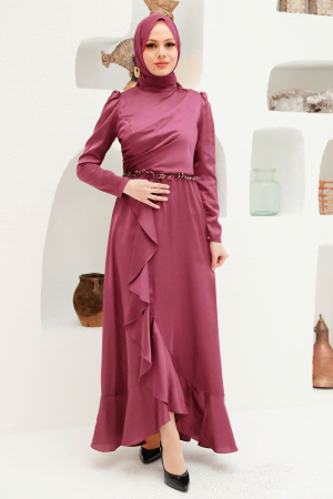 Tesettürlü Abiye Elbise - Robe de Soirée Hijab Rose Poudré Foncé 3381KGK - 1