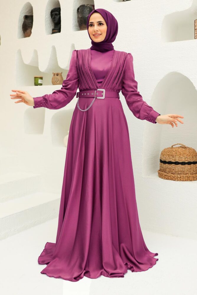 Tesettürlü Abiye Elbise - Robe de Soirée Hijab Rose Poudré Foncé 3454KGK - 1