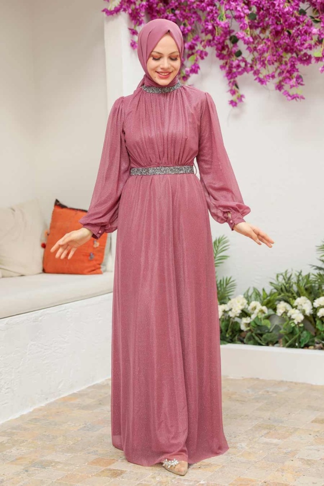 Tesettürlü Abiye Elbise - Robe de Soirée Hijab Rose Poudré Foncé 5501KGK - 1