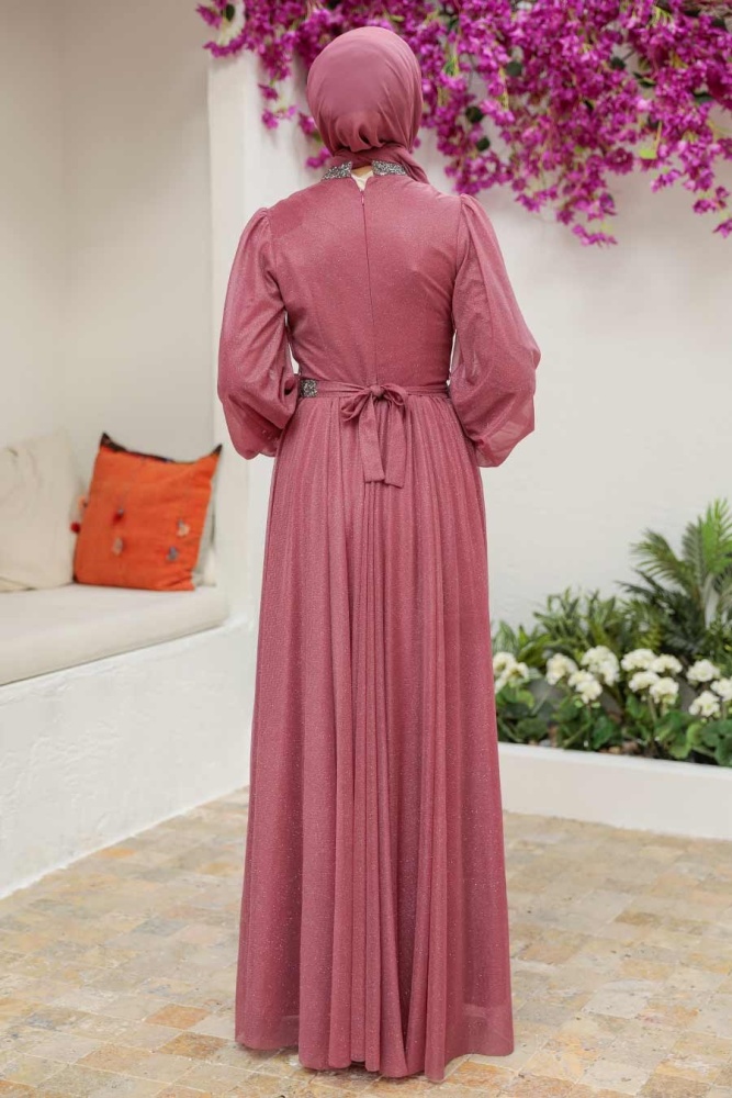 Tesettürlü Abiye Elbise - Robe de Soirée Hijab Rose Poudré Foncé 5501KGK - 2