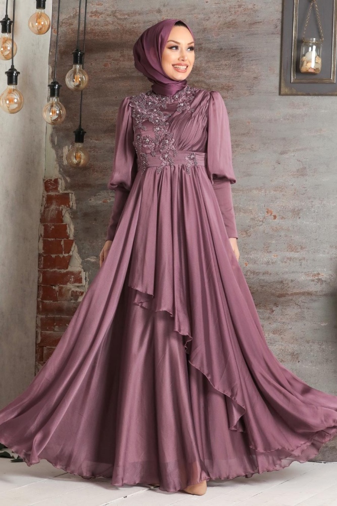 Tesettürlü Abiye Elbise - Robe de soirée Hijab Rose poussiéreuse 21930GK - 1