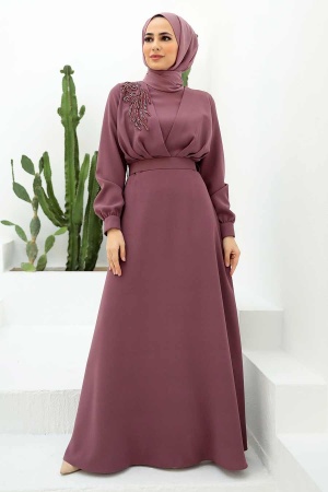 Tesettürlü Abiye Elbise - Robe de soirée Hijab Rose poussiéreuse 3305GK - 1