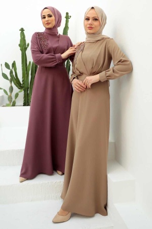 Tesettürlü Abiye Elbise - Robe de soirée Hijab Rose poussiéreuse 3305GK - 2