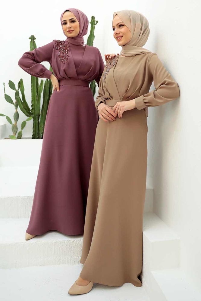 Tesettürlü Abiye Elbise - Robe de soirée Hijab Rose poussiéreuse 3305GK - 3