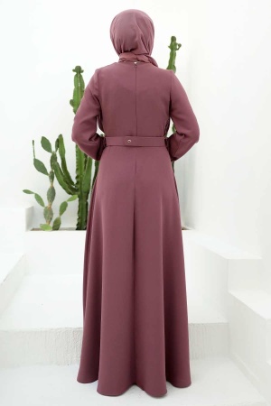 Tesettürlü Abiye Elbise - Robe de soirée Hijab Rose poussiéreuse 3305GK - 4
