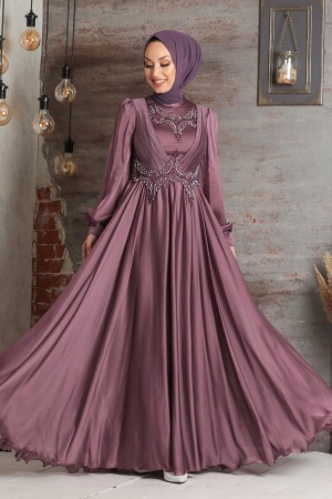 Tesettürlü Abiye Elbise - Robe de soirée Hijab rose poussiéreux 21890GK - 1