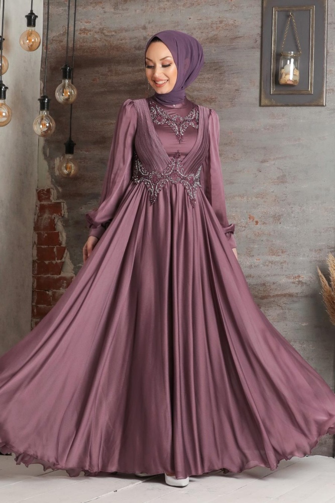 Tesettürlü Abiye Elbise - Robe de soirée Hijab rose poussiéreux 21890GK - 1