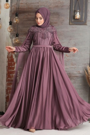 Tesettürlü Abiye Elbise - Robe de soirée Hijab rose poussiéreux 21901GK - 3