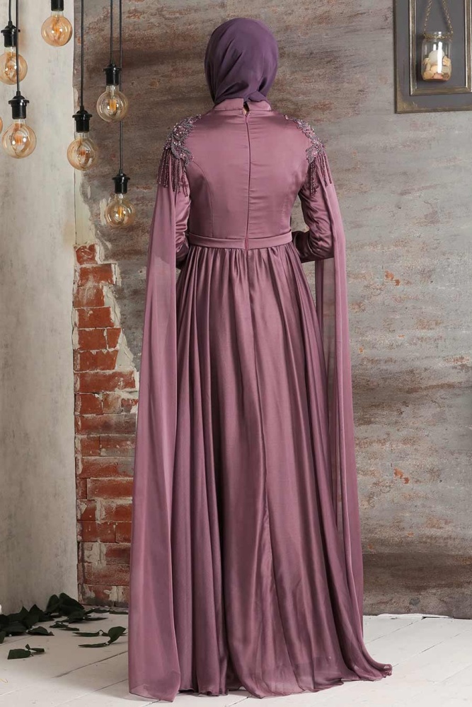 Tesettürlü Abiye Elbise - Robe de soirée Hijab rose poussiéreux 21901GK - 4