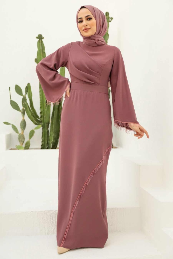 Tesettürlü Abiye Elbise - Robe de soirée Hijab rose poussiéreux 33150GK - 1