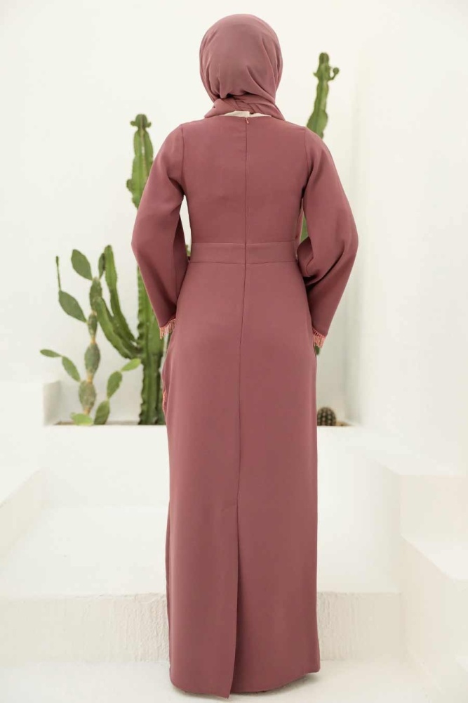 Tesettürlü Abiye Elbise - Robe de soirée Hijab rose poussiéreux 33150GK - 2