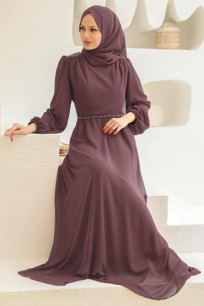 Tesettürlü Abiye Elbise - Robe de soirée Hijab rose poussiéreux 33490GK - 1