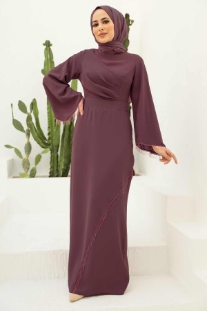 Tesettürlü Abiye Elbise - Robe de soirée Hijab rose poussiéreux foncé 33150KGK - 1