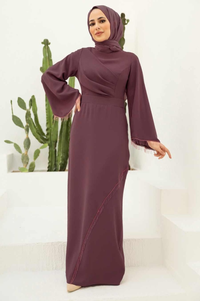 Tesettürlü Abiye Elbise - Robe de soirée Hijab rose poussiéreux foncé 33150KGK - 1