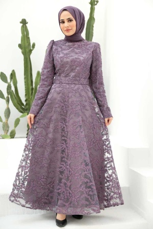 Tesettürlü Abiye Elbise - Robe de soirée Hijab rose poussiéreux foncé 3330KGK - 1