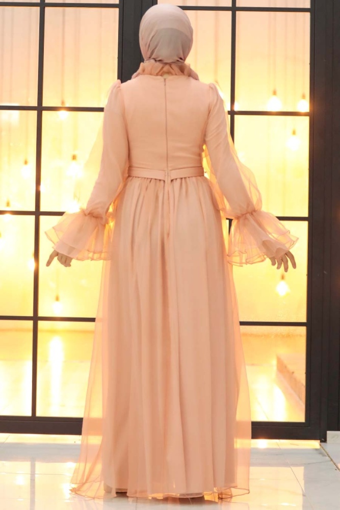 Tesettürlü Abiye Elbise - Robe de soirée Hijab rose saumon 40420SMN - 5