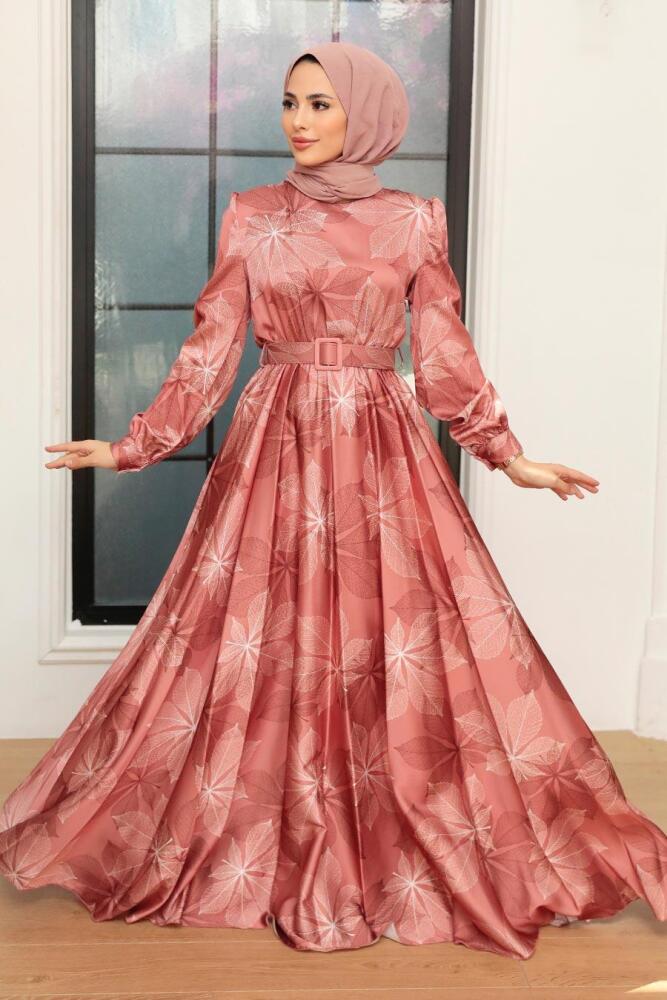Tesettürlü Abiye Elbise - Robe de Soirée Hijab Rose Saumon Foncé 35670KSMN - 1