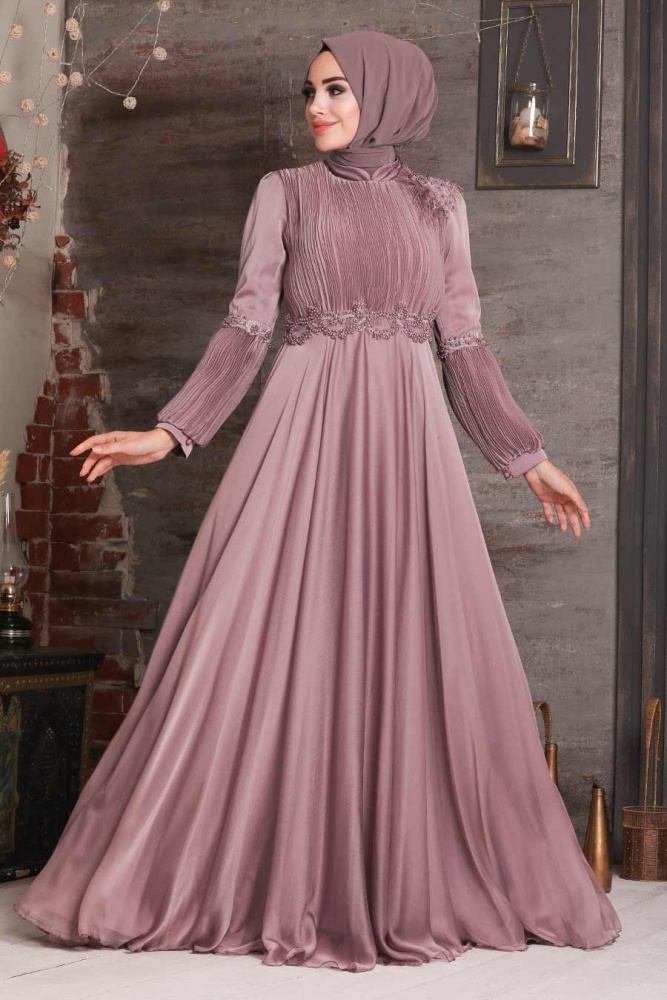 Tesettürlü Abiye Elbise -Robe de soirée Hijab rose séchée 2170GK - 2