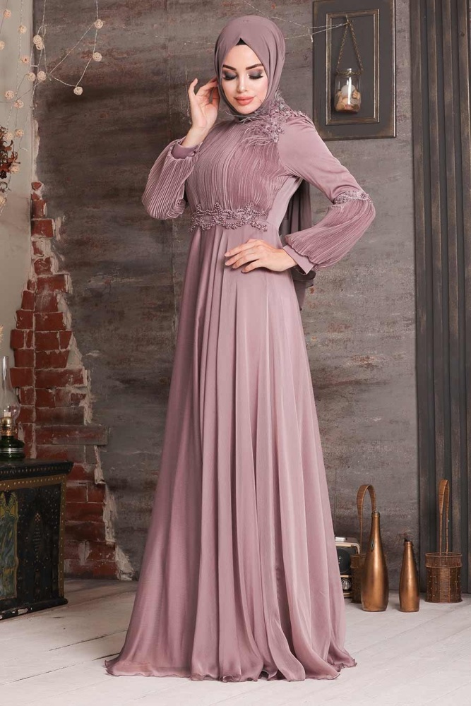 Tesettürlü Abiye Elbise -Robe de soirée Hijab rose séchée 2170GK - 1