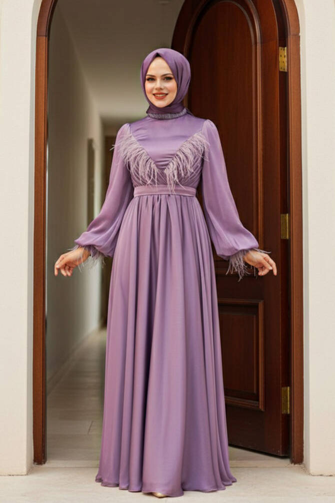 Tesettürlü Abiye Elbise - Robe de Soirée Hijab Rose Séchée 21731GK - 1