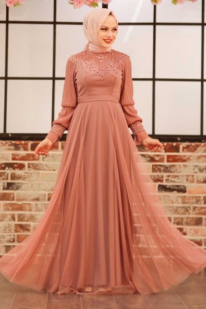 Tesettürlü Abiye Elbise - Robe de soirée Hijab rose séchée 21780GK - 1