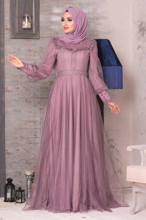 Tesettürlü Abiye Elbise - Robe de soirée hijab rose séchée 21790GK - 1