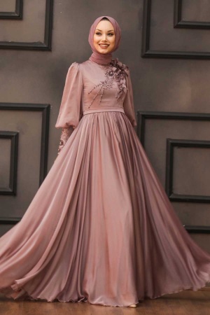 Tesettürlü Abiye Elbise - Robe de soirée Hijab rose séchée 21960GK - 1