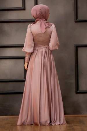 Tesettürlü Abiye Elbise - Robe de soirée Hijab rose séchée 21960GK - 6