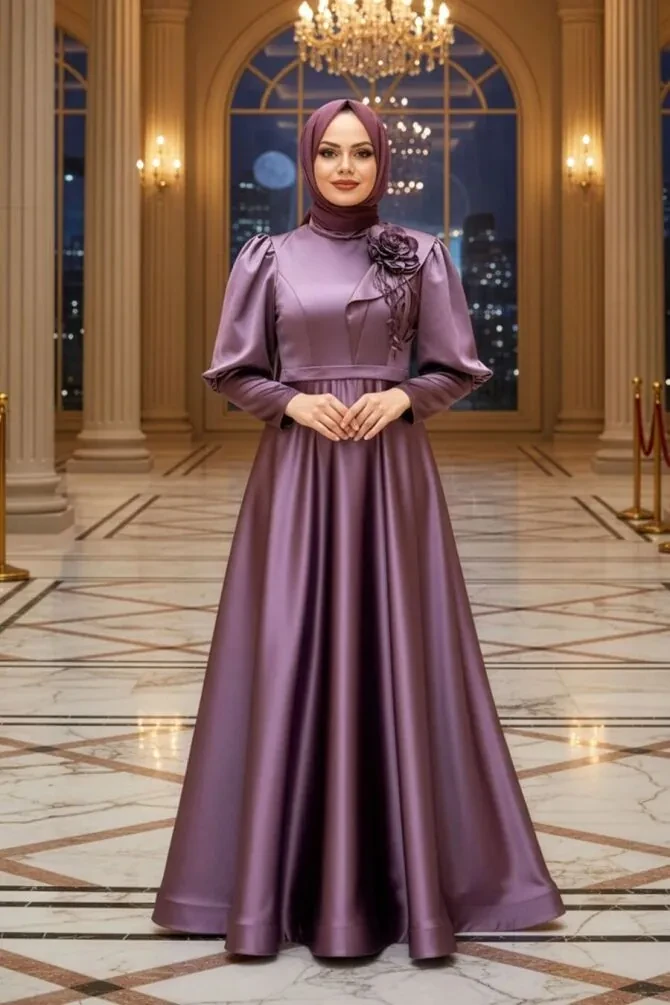 Robe de soirée longue et couvrante à détails floraux – Vieux rose 22080GK - 1