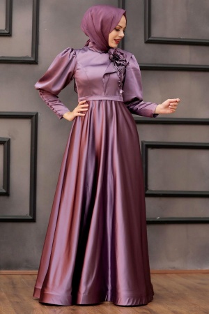 Tesettürlü Abiye Elbise -Robe de soirée Hijab rose séchée 22080GK - 3