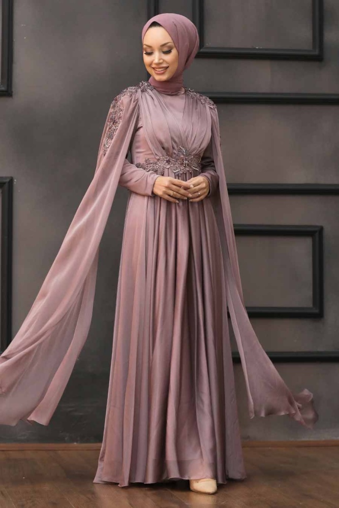Tesettürlü Abiye Elbise - Robe de Soirée Hijab Rose Séchée 22130GK - 1
