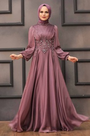 Tesettürlü Abiye Elbise - Robe de soirée hijab rose séchée 22150GK - Thumbnail