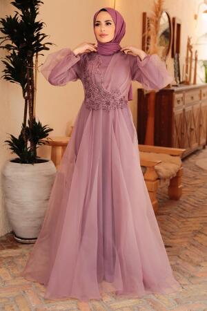 Tesettürlü Abiye Elbise - Robe de Soirée Hijab Rose Séchée 22540GK - 2