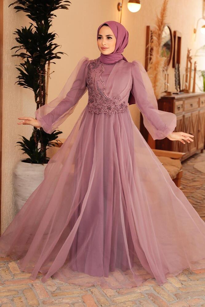 Tesettürlü Abiye Elbise - Robe de Soirée Hijab Rose Séchée 22540GK - 1