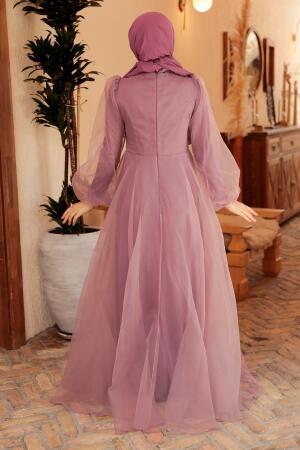 Tesettürlü Abiye Elbise - Robe de Soirée Hijab Rose Séchée 22540GK - 3