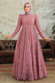 Tesettürlü Abiye Elbise - Robe de Soirée Hijab Rose Séchée 22780GK - Thumbnail