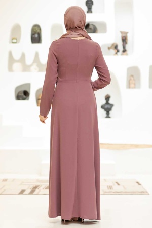 Tesettürlü Abiye Elbise - Robe de soirée Hijab rose séchée 32150GK - 4