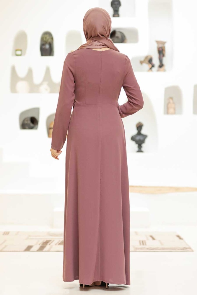 Tesettürlü Abiye Elbise - Robe de soirée Hijab rose séchée 32150GK - 4