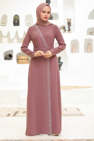 Tesettürlü Abiye Elbise - Robe de soirée Hijab rose séchée 32150GK - 3