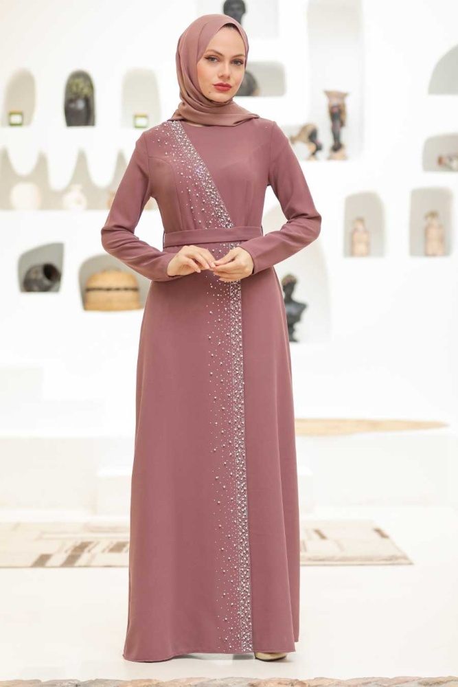 Tesettürlü Abiye Elbise - Robe de soirée Hijab rose séchée 32150GK - 3